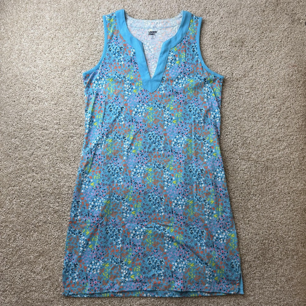 Lands' End Dress Girls 10-12 Blue Floral Sleeveless V-Neck Jersey Sundress